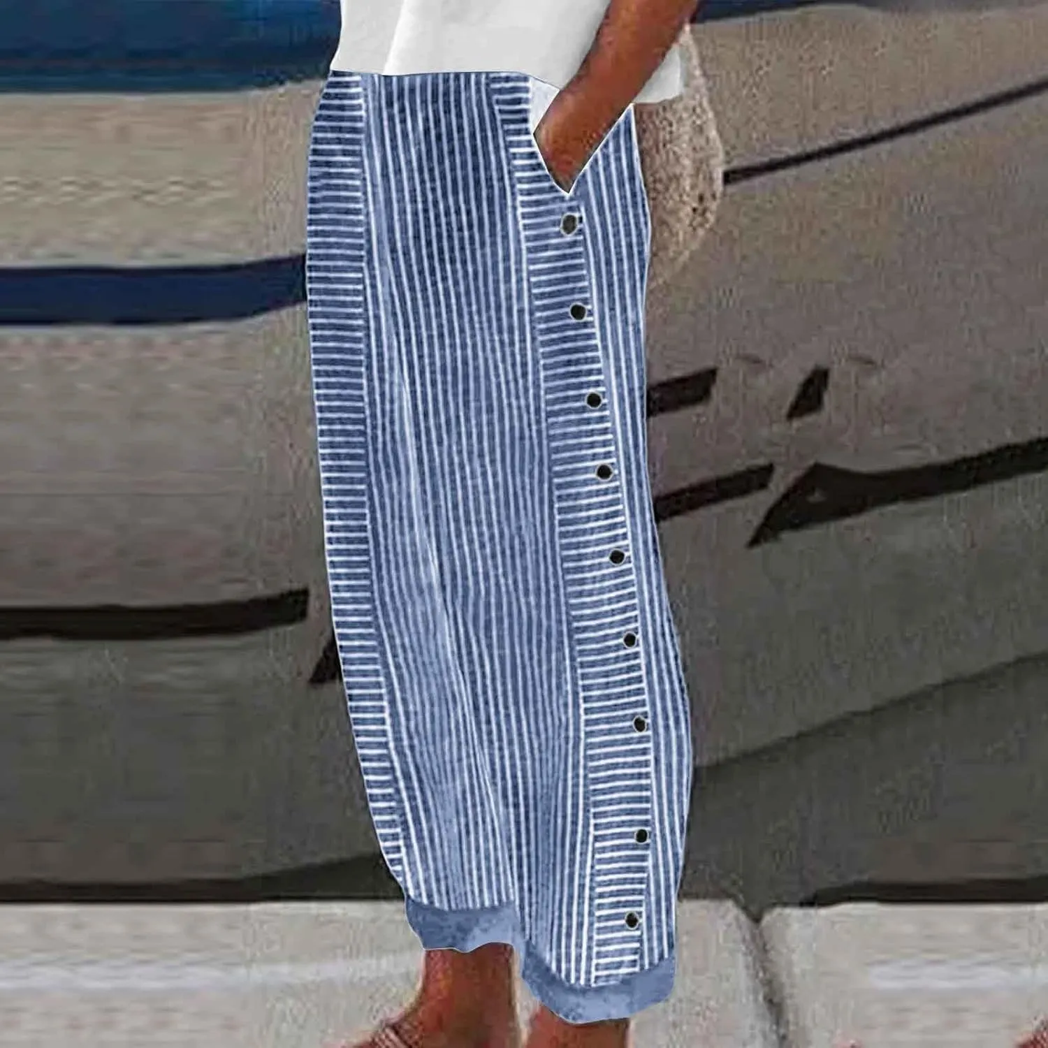 Cotton Linen Pants for Women Loose Fit Summer Baggy Elastic Waist Trouser Wide Leg Cargos Work Pants with Pocket