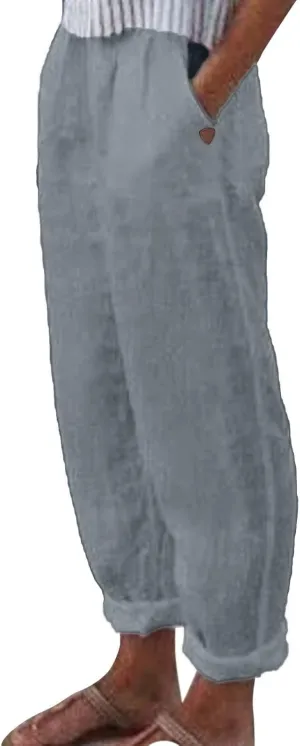 Cotton Linen Pants for Women Loose Fit Summer Baggy Elastic Waist Trouser Wide Leg Cargos Work Pants with Pocket