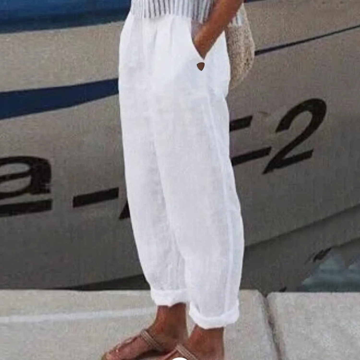 Cotton Linen Pants for Women Loose Fit Summer Baggy Elastic Waist Trouser Wide Leg Cargos Work Pants with Pocket