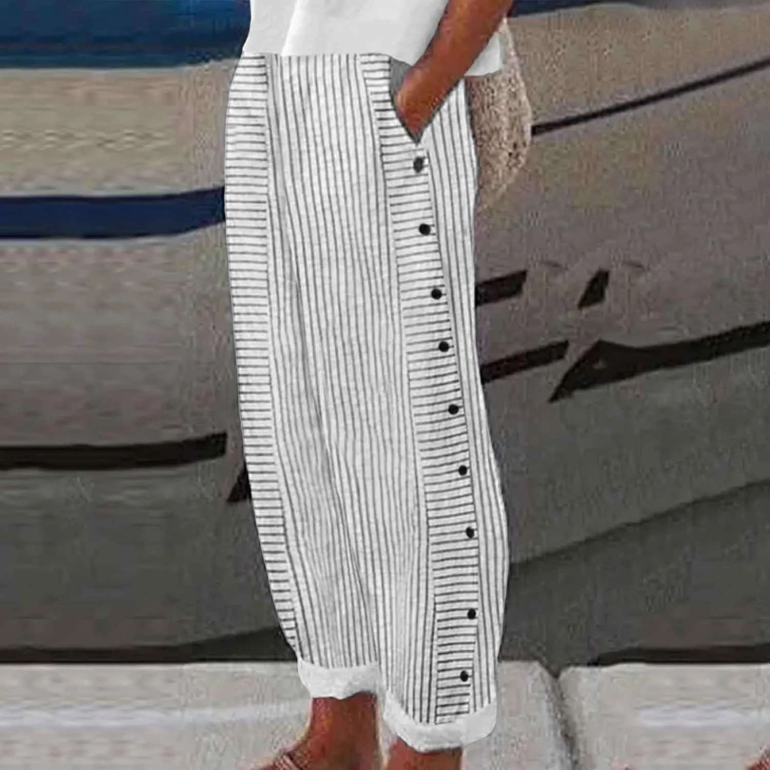 Cotton Linen Pants for Women Loose Fit Summer Baggy Elastic Waist Trouser Wide Leg Cargos Work Pants with Pocket