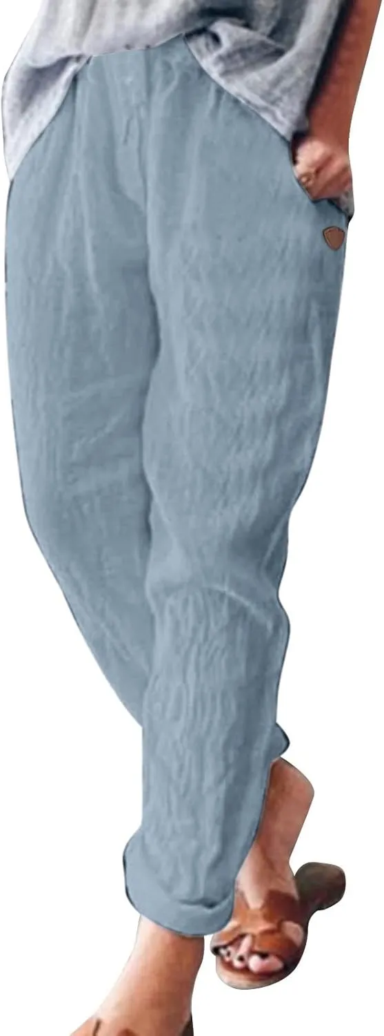 Cotton Linen Pants for Women Loose Fit Summer Baggy Elastic Waist Trouser Wide Leg Cargos Work Pants with Pocket