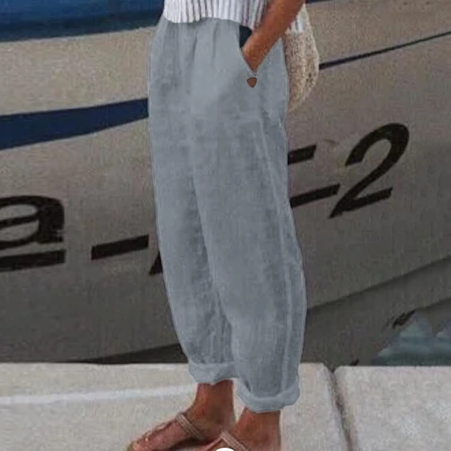 Cotton Linen Pants for Women Loose Fit Summer Baggy Elastic Waist Trouser Wide Leg Cargos Work Pants with Pocket