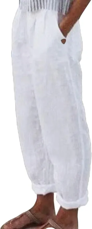 Cotton Linen Pants for Women Loose Fit Summer Baggy Elastic Waist Trouser Wide Leg Cargos Work Pants with Pocket