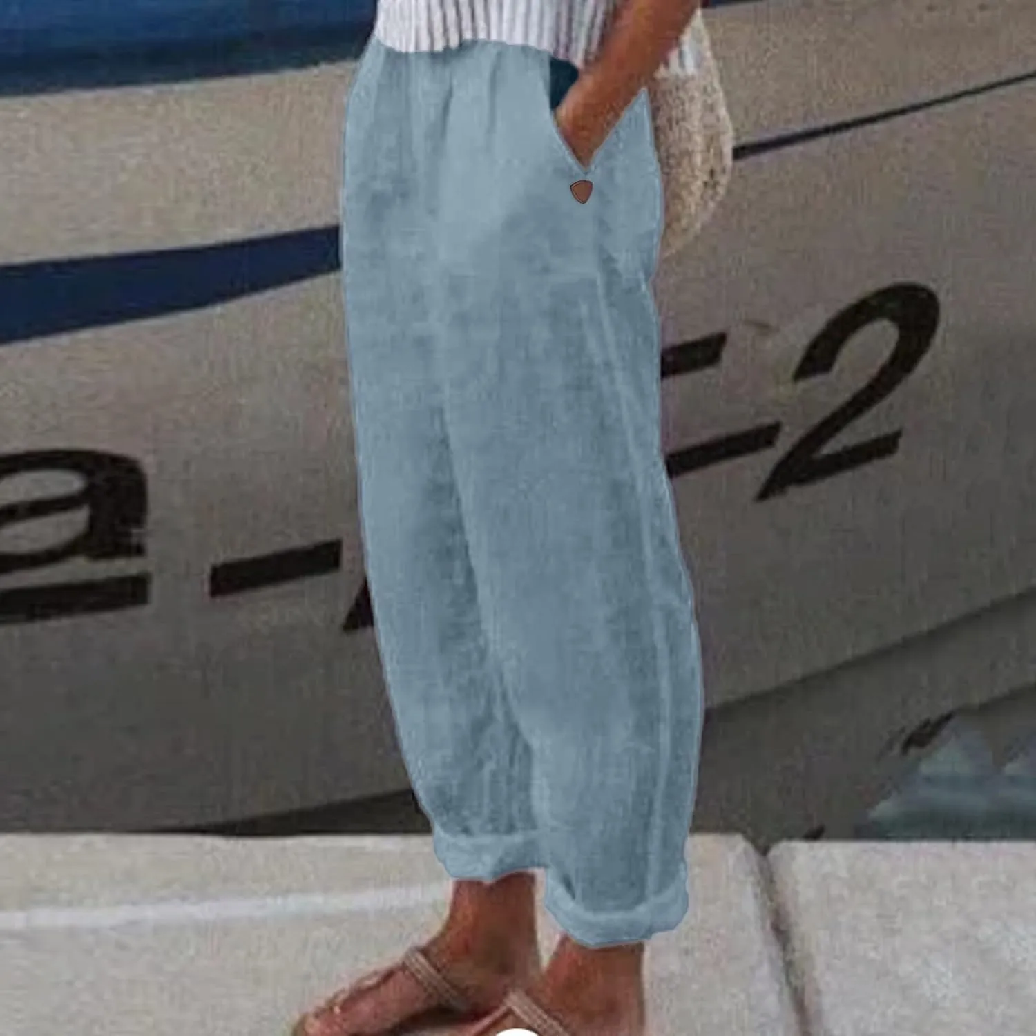 Cotton Linen Pants for Women Loose Fit Summer Baggy Elastic Waist Trouser Wide Leg Cargos Work Pants with Pocket