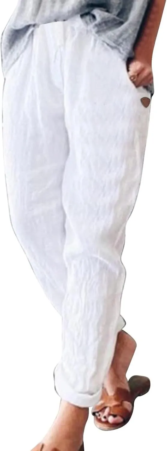 Cotton Linen Pants for Women Loose Fit Summer Baggy Elastic Waist Trouser Wide Leg Cargos Work Pants with Pocket