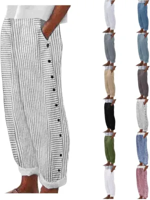 Cotton Linen Pants for Women Loose Fit Summer Baggy Elastic Waist Trouser Wide Leg Cargos Work Pants with Pocket