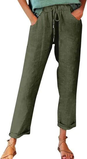 Cotton Linen Pants for Women Vintage Tropical Floral Print Elastic High Waist Drawstring Trousers Summer Beach Pants