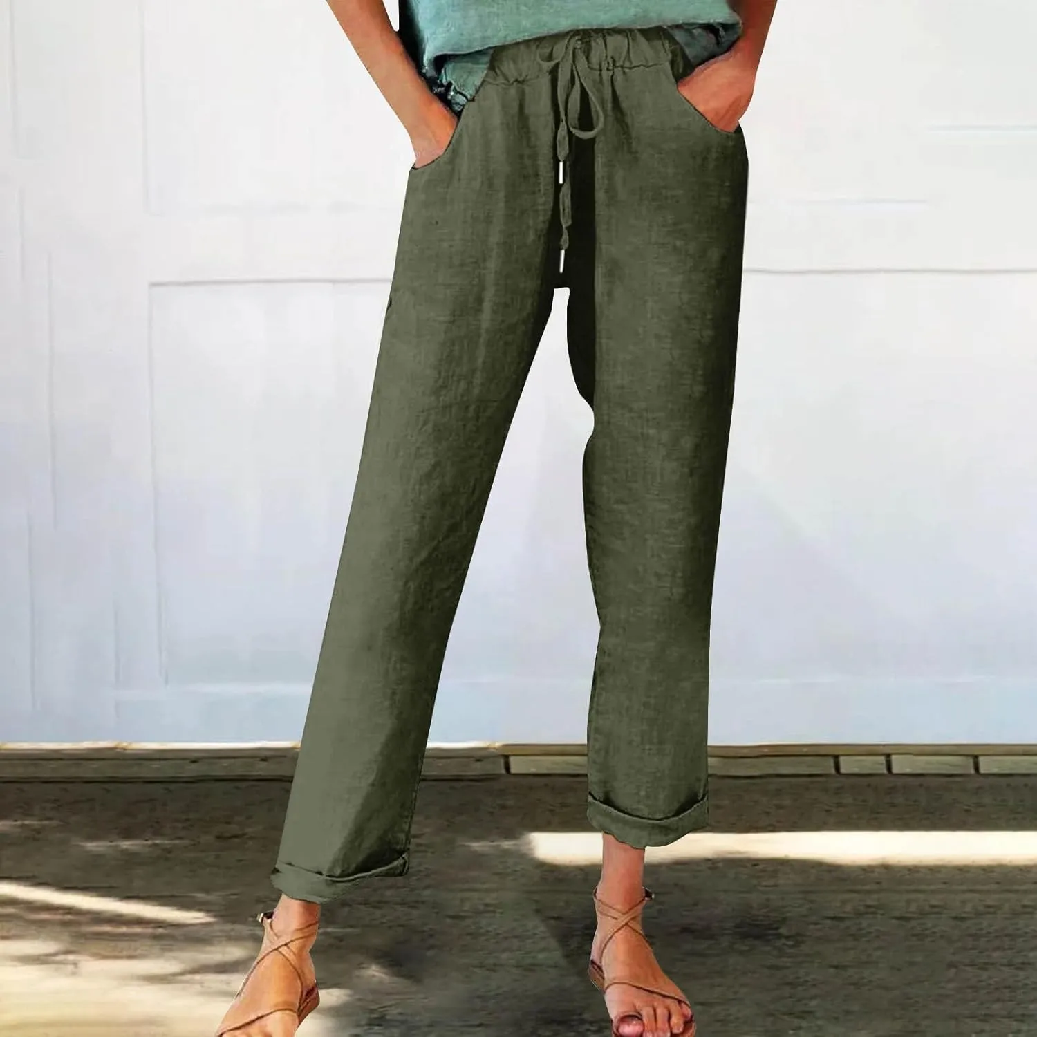 Cotton Linen Pants for Women Vintage Tropical Floral Print Elastic High Waist Drawstring Trousers Summer Beach Pants