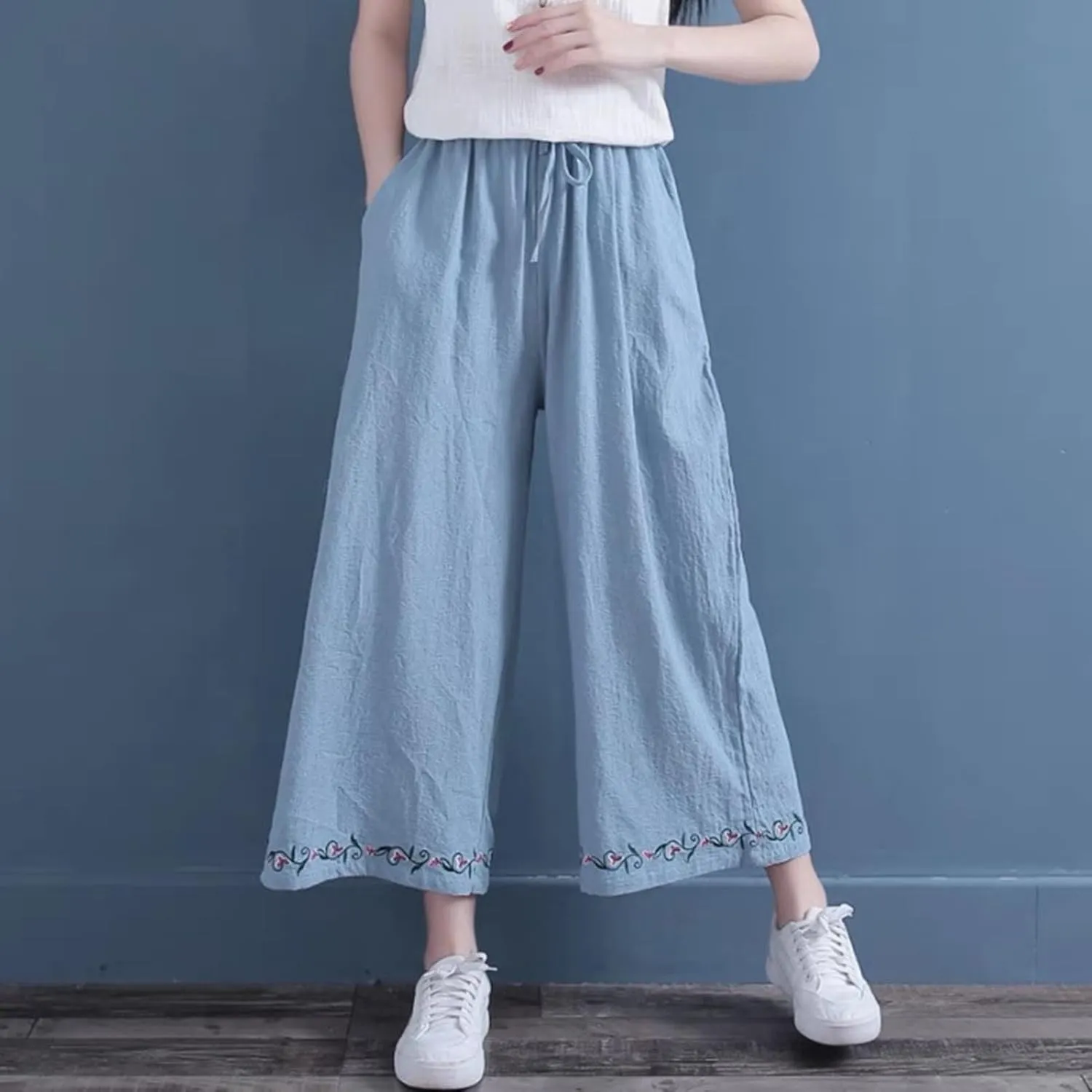 Cotton Linen Pants for Womens Bottom Floral Print Elastic Waist Drawstring Wide Leg Trousers 2025 Summer Casual Pants