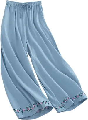 Cotton Linen Pants for Womens Bottom Floral Print Elastic Waist Drawstring Wide Leg Trousers 2025 Summer Casual Pants