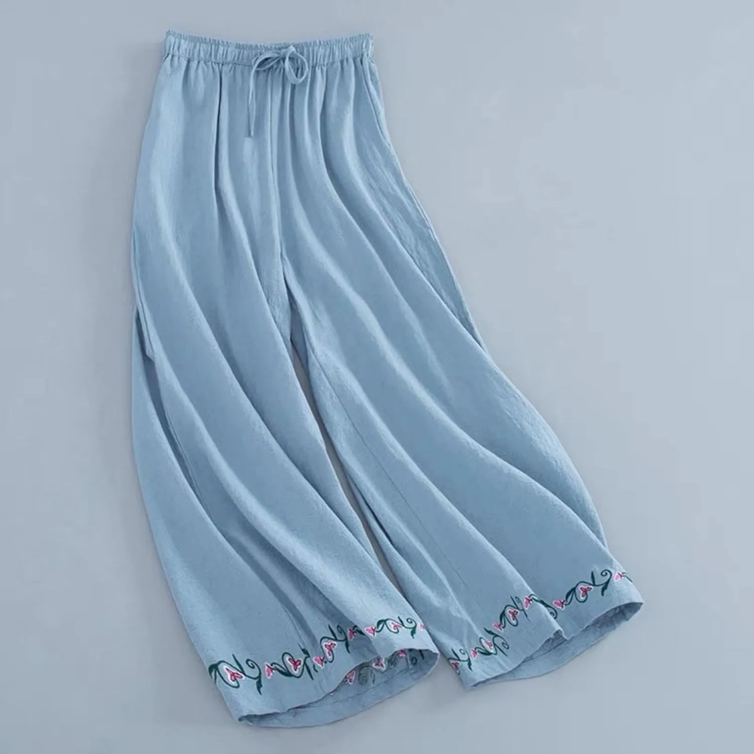 Cotton Linen Pants for Womens Bottom Floral Print Elastic Waist Drawstring Wide Leg Trousers 2025 Summer Casual Pants