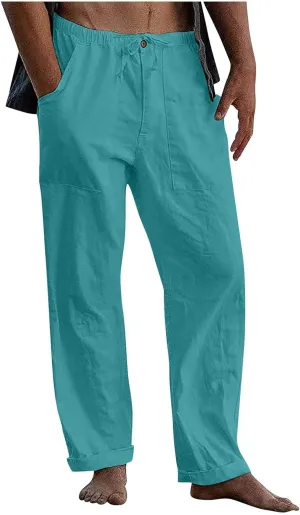 Cotton Linen Pants Men Plus Size Summer Beach Linen Pants Drawstring Elastic Waist Comfy Palazzo Pants with Pockets