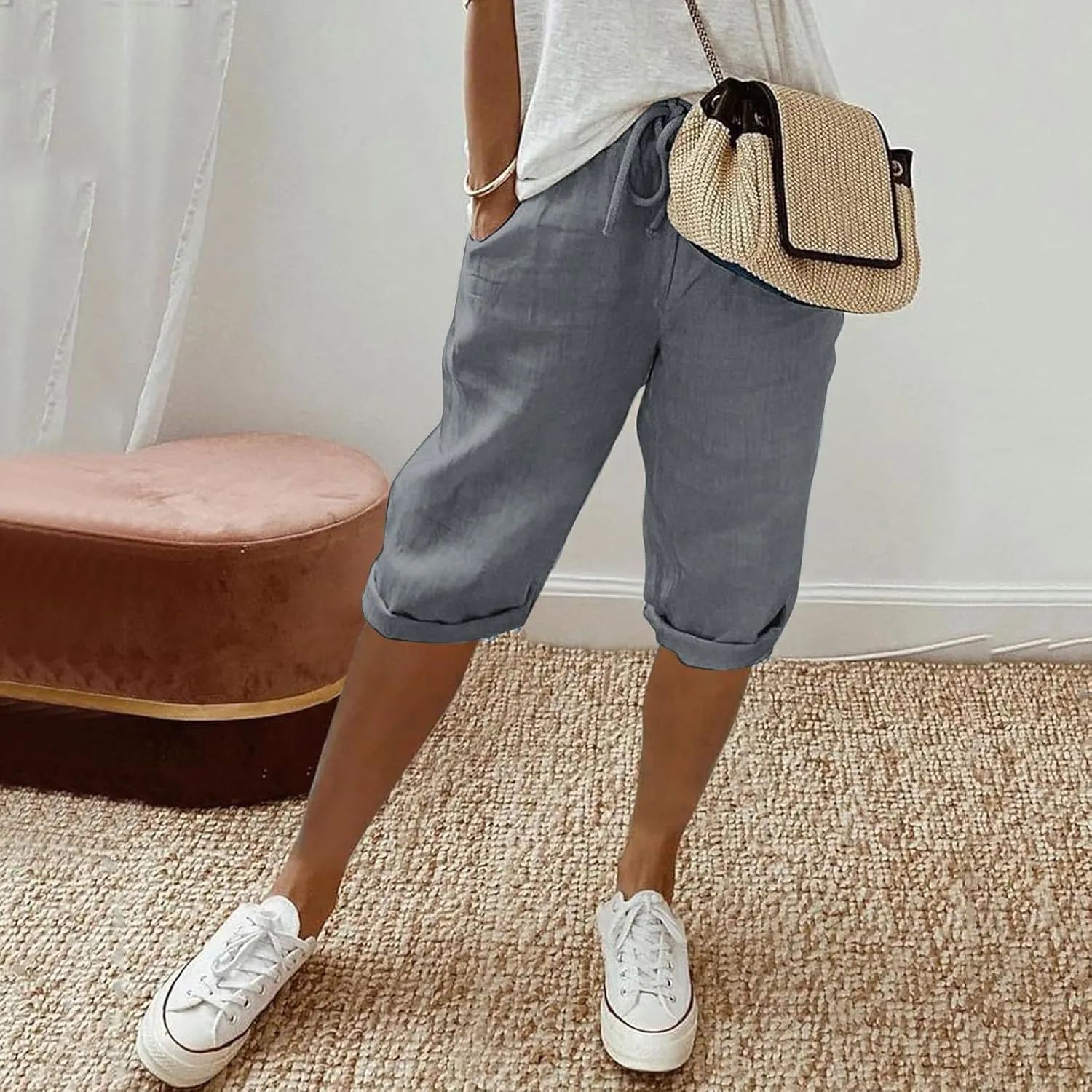 Cotton Linen Pants Women Cropped High Waisted Casual Trousers Drawstring Baggy Summer Lightweight Pants with Pockets