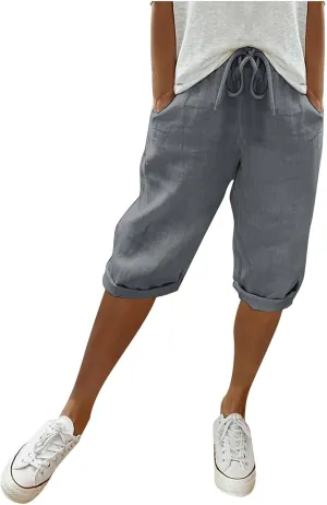 Cotton Linen Pants Women Cropped High Waisted Casual Trousers Drawstring Baggy Summer Lightweight Pants with Pockets