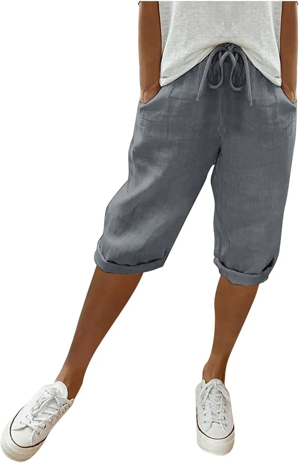 Cotton Linen Pants Women Cropped High Waisted Casual Trousers Drawstring Baggy Summer Lightweight Pants with Pockets