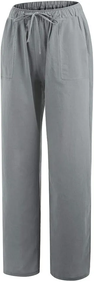 Cotton Linen Pants Women Plus Size Elastic High Waist Drawstring Casual Long Wide Leg Pants Loose Fit Lounge Trousers