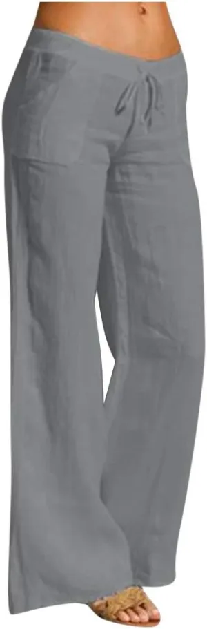 Cotton Linen Pants Women Plus Size Elastic High Waist Drawstring Casual Long Wide Leg Pants Loose Fit Lounge Trousers