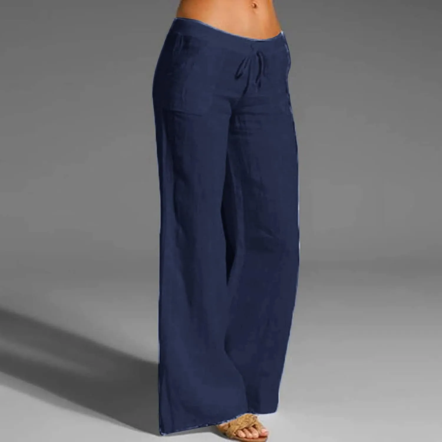 Cotton Linen Pants Women Plus Size Elastic High Waist Drawstring Casual Long Wide Leg Pants Loose Fit Lounge Trousers
