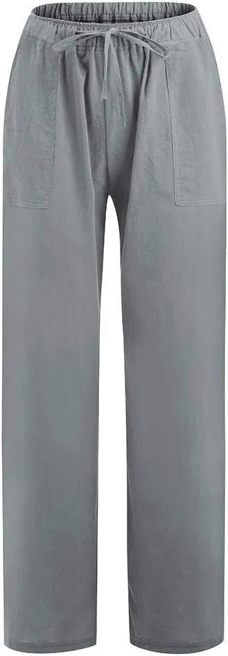 Cotton Linen Pants Women Plus Size Elastic High Waist Drawstring Casual Long Wide Leg Pants Loose Fit Lounge Trousers