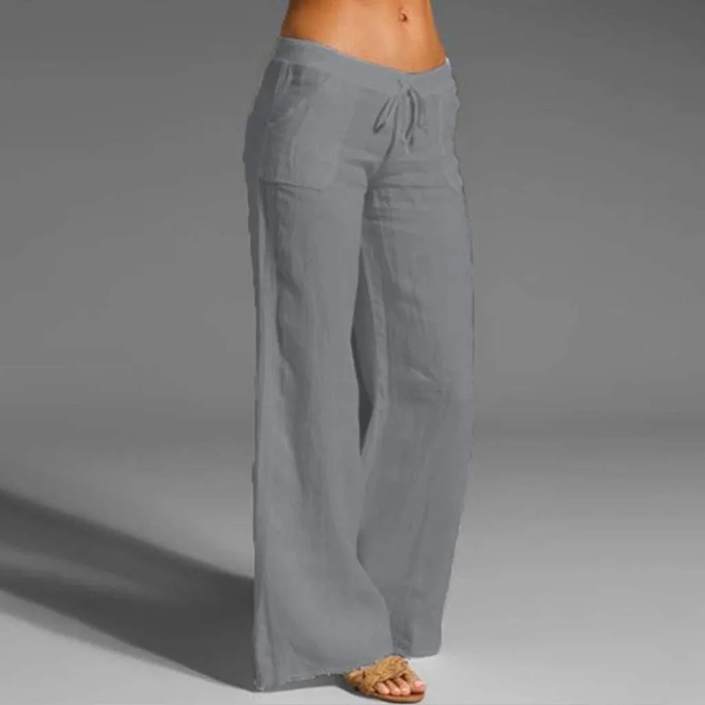 Cotton Linen Pants Women Plus Size Elastic High Waist Drawstring Casual Long Wide Leg Pants Loose Fit Lounge Trousers
