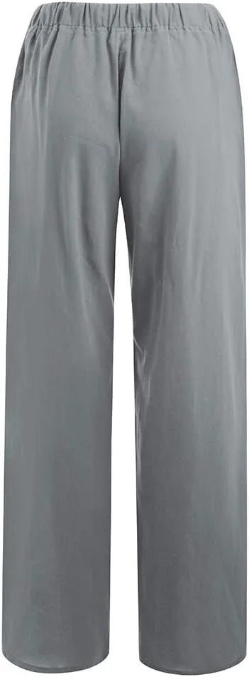 Cotton Linen Pants Women Plus Size Elastic High Waist Drawstring Casual Long Wide Leg Pants Loose Fit Lounge Trousers