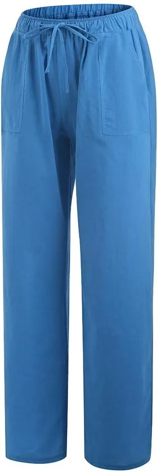 Cotton Linen Pants Women Plus Size Elastic High Waist Drawstring Casual Long Wide Leg Pants Loose Fit Lounge Trousers