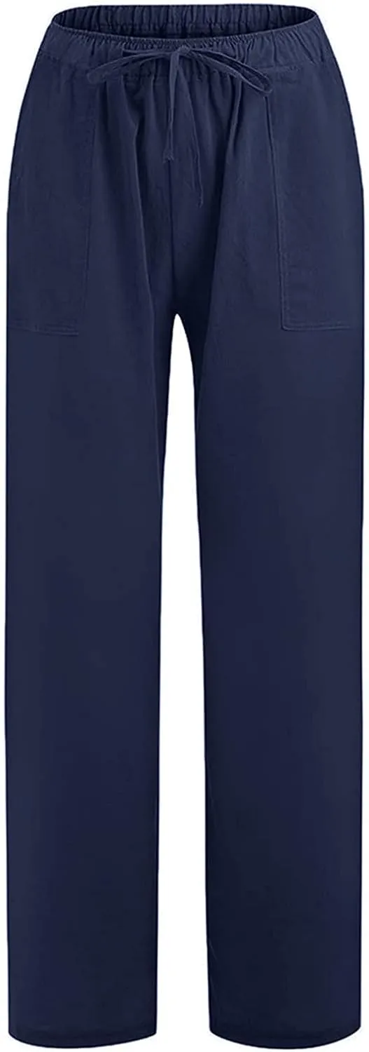 Cotton Linen Pants Women Plus Size Elastic High Waist Drawstring Casual Long Wide Leg Pants Loose Fit Lounge Trousers