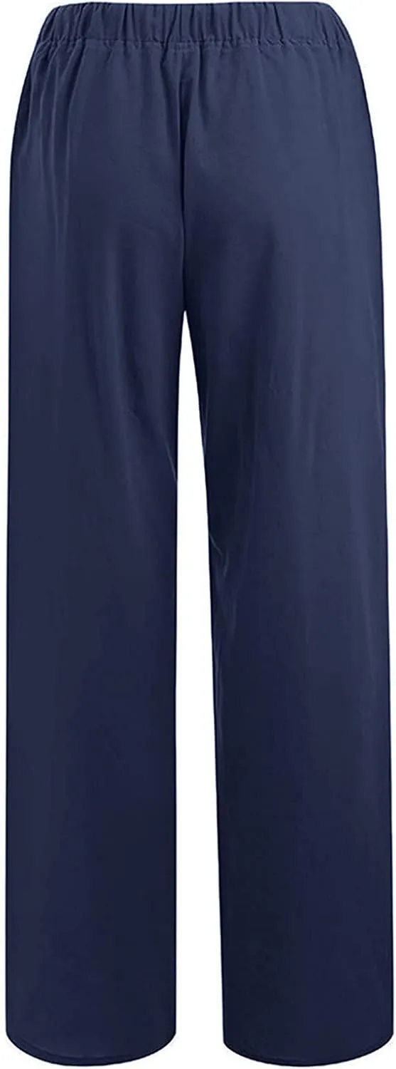 Cotton Linen Pants Women Plus Size Elastic High Waist Drawstring Casual Long Wide Leg Pants Loose Fit Lounge Trousers
