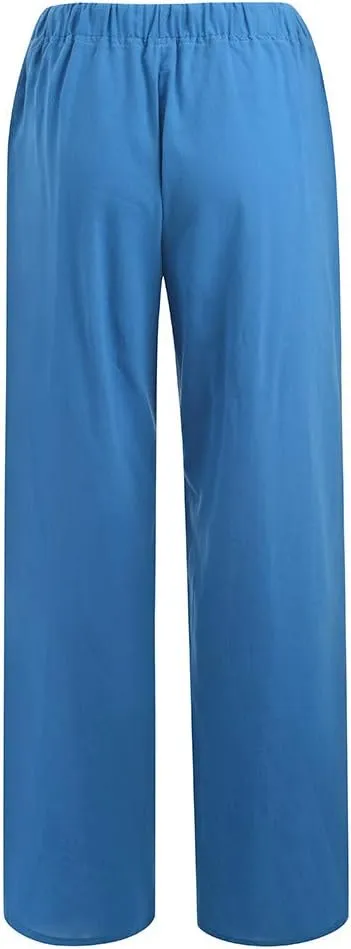 Cotton Linen Pants Women Plus Size Elastic High Waist Drawstring Casual Long Wide Leg Pants Loose Fit Lounge Trousers