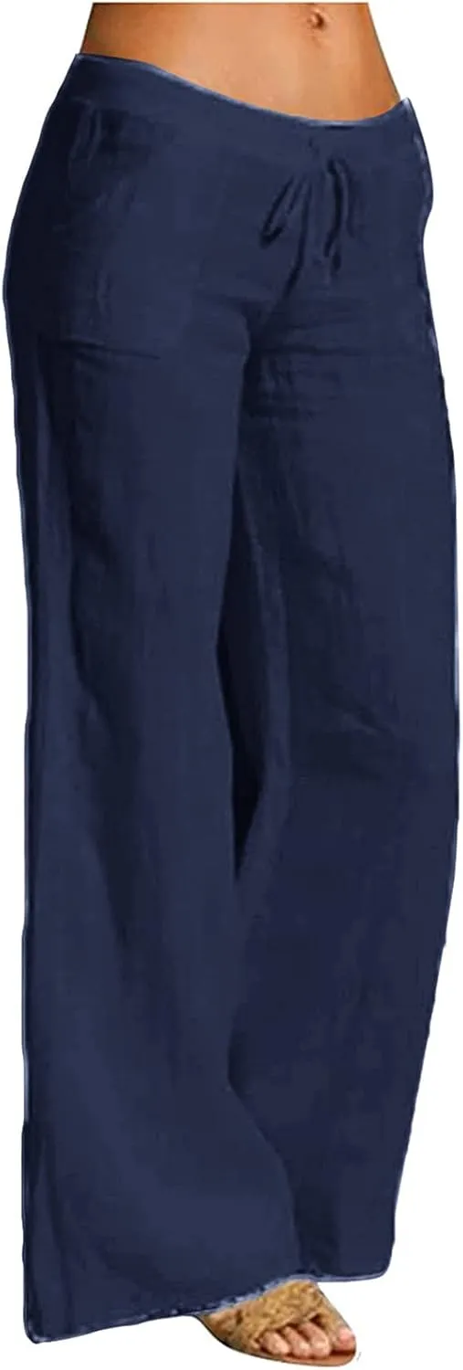 Cotton Linen Pants Women Plus Size Elastic High Waist Drawstring Casual Long Wide Leg Pants Loose Fit Lounge Trousers