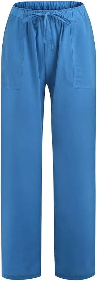 Cotton Linen Pants Women Plus Size Elastic High Waist Drawstring Casual Long Wide Leg Pants Loose Fit Lounge Trousers