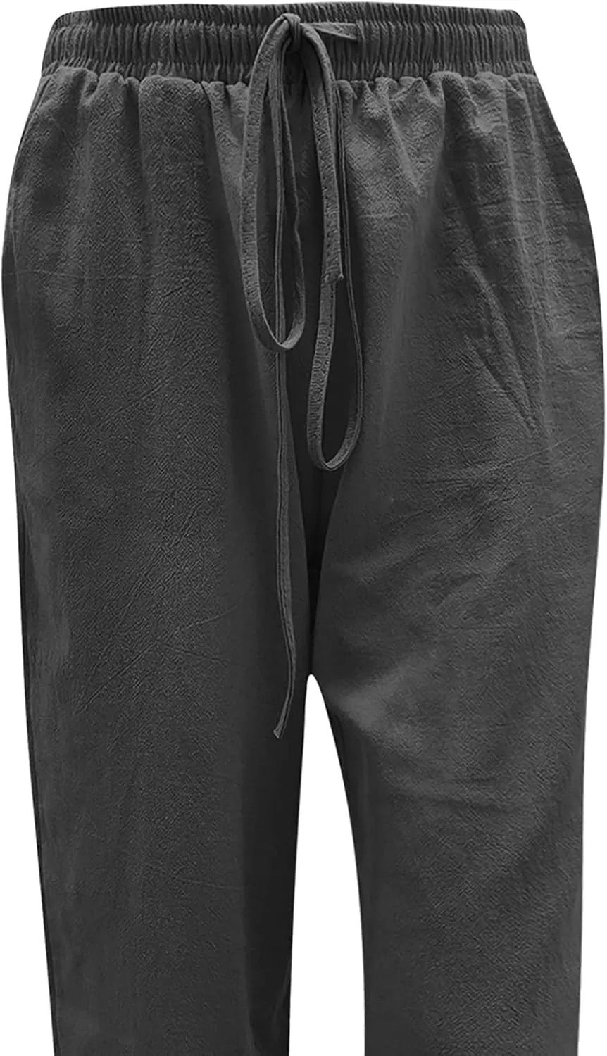 Cotton Linen Pants Women Summer Wide Leg Casual Loose Trousers Drawstring High Waist Palazzo Pants with Pockets 2025