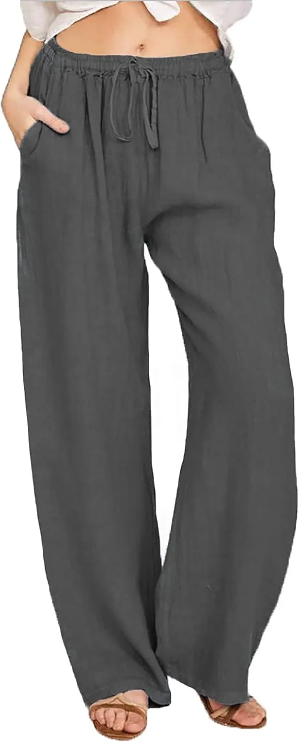Cotton Linen Pants Women Summer Wide Leg Casual Loose Trousers Drawstring High Waist Palazzo Pants with Pockets 2025