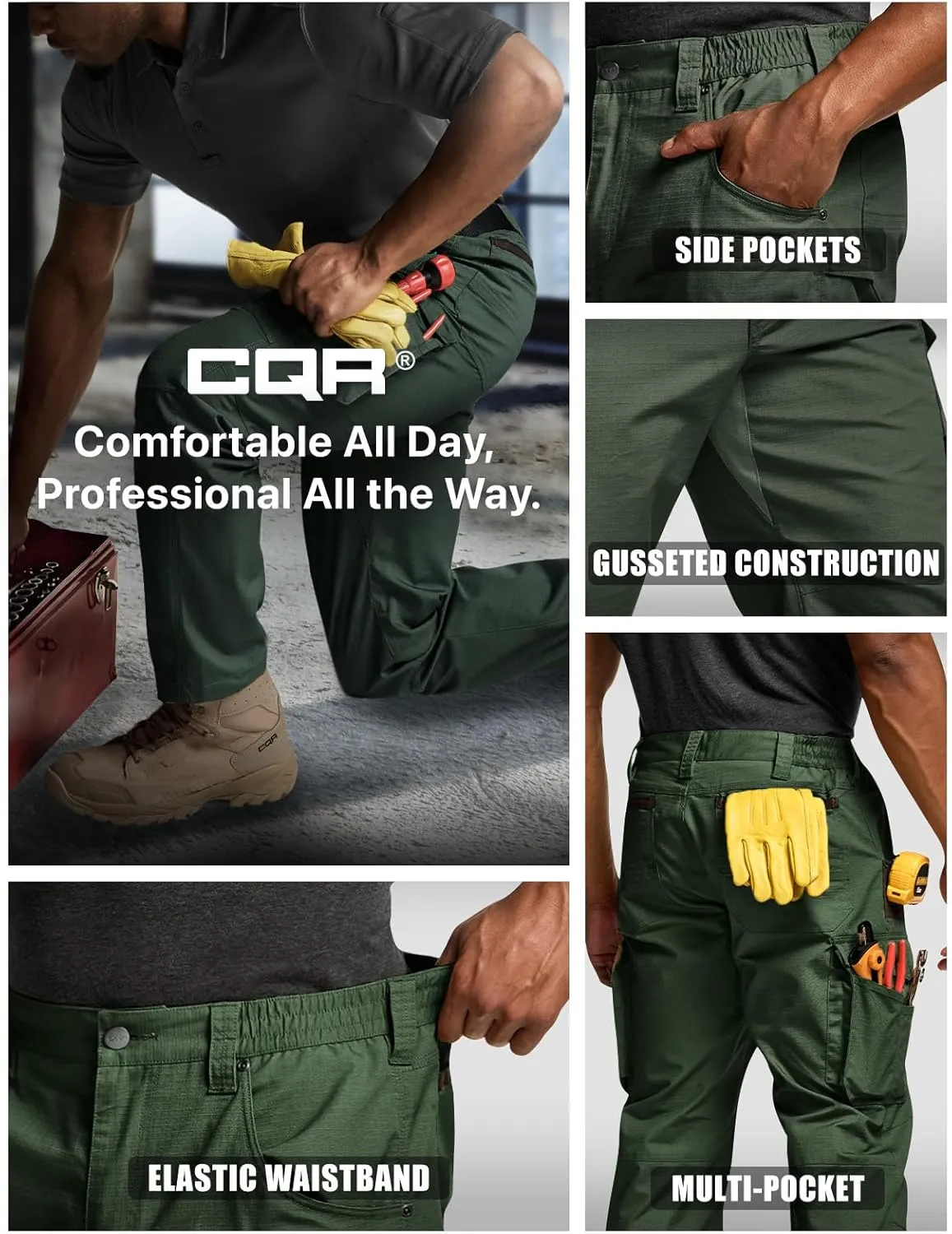 CQR Men's Quick Dry Work Pants, Water Resistant Outdoor Tactical Pants, Lightweight Stretch Cargo Hiking Pants