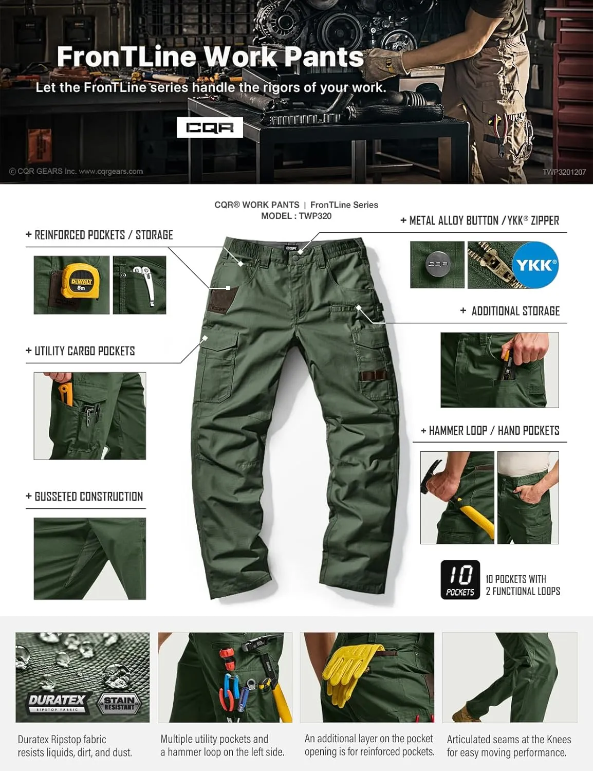 CQR Men's Quick Dry Work Pants, Water Resistant Outdoor Tactical Pants, Lightweight Stretch Cargo Hiking Pants