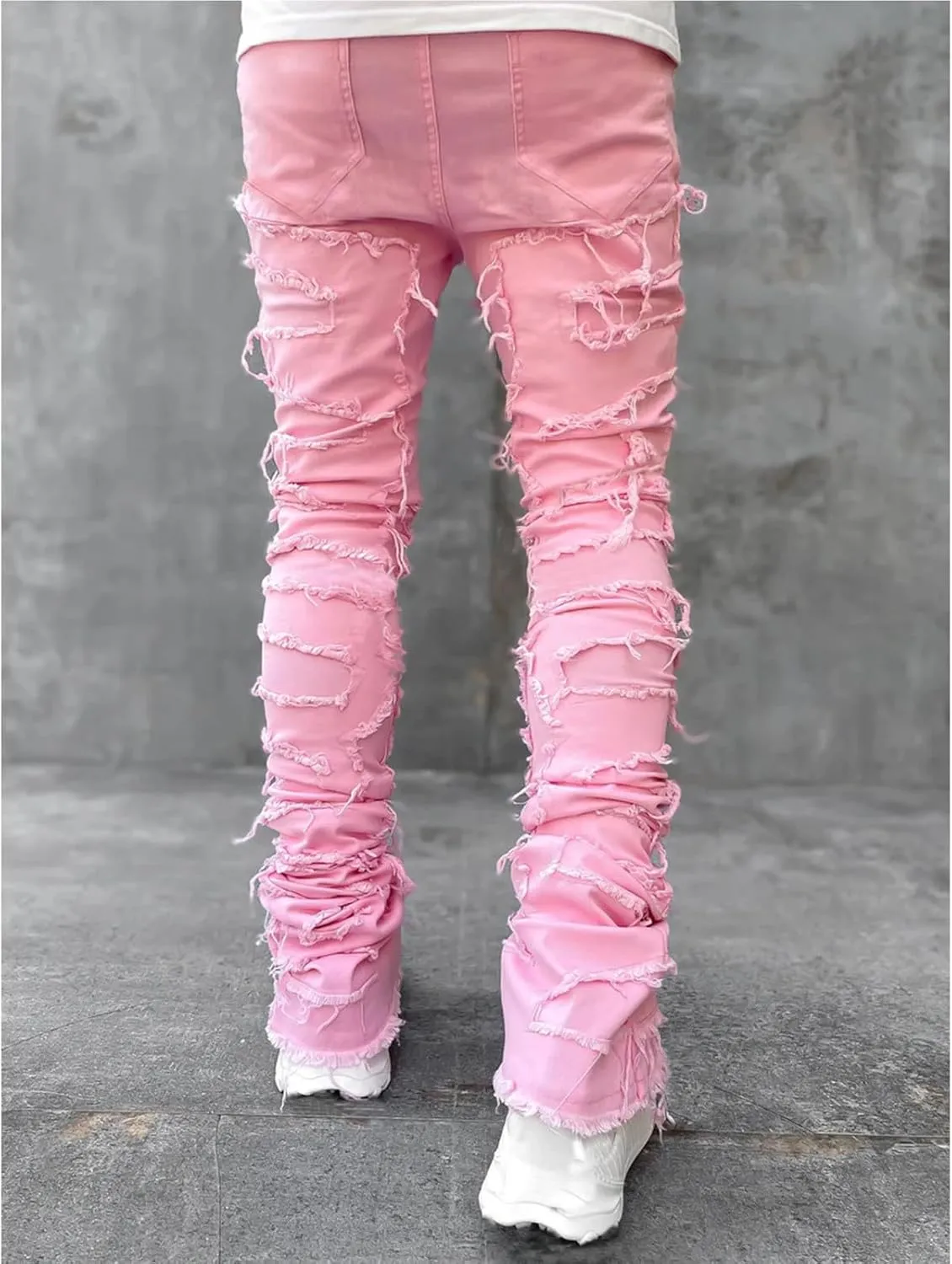 CRNTCEM Stretch Jeans for Men Cotton Ripped Tassels Straight Denim Jeans Distressed Casual Hip Hop Jogger Denim Pants