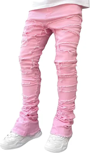 CRNTCEM Stretch Jeans for Men Cotton Ripped Tassels Straight Denim Jeans Distressed Casual Hip Hop Jogger Denim Pants