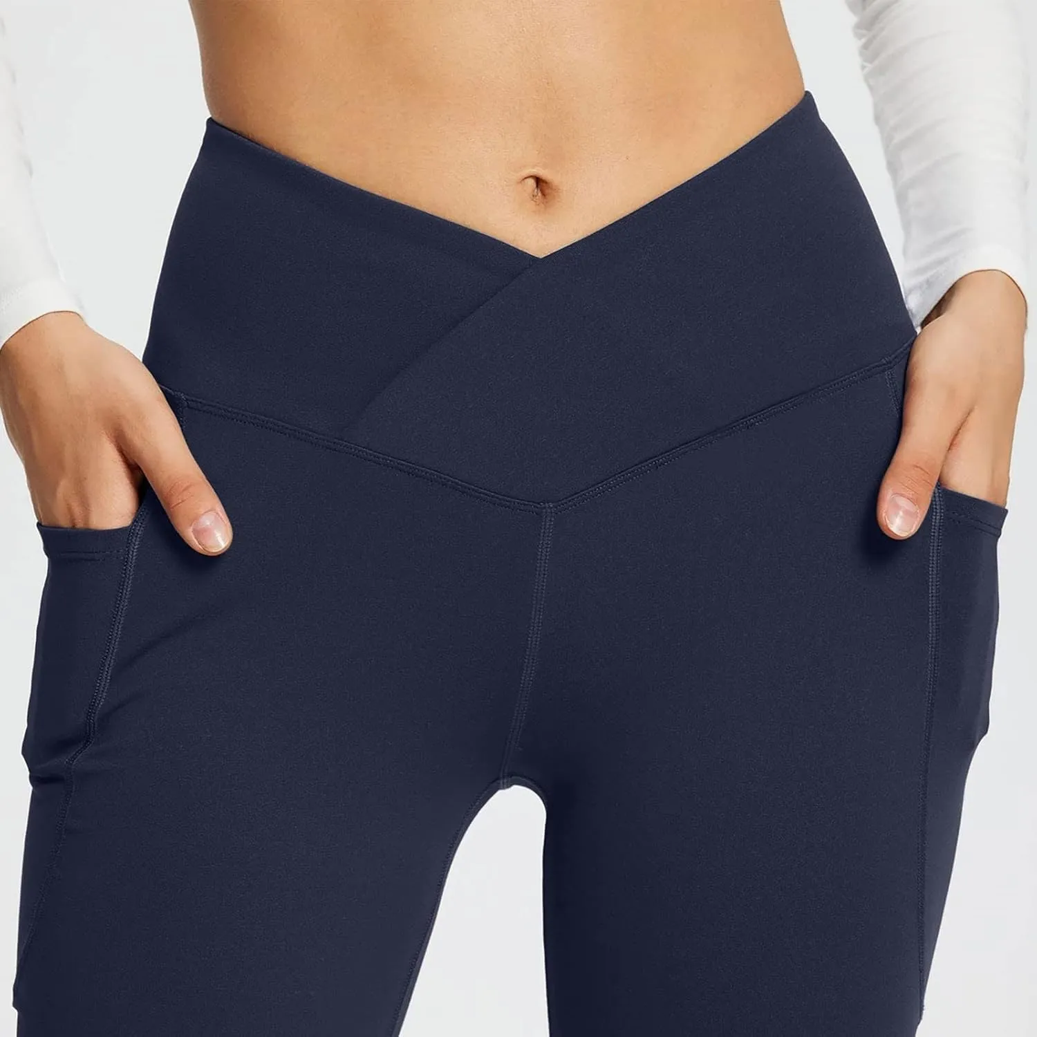 Cross Waist Yoga Pants with Pockets for Women V Crossover High Waisted Flare Leggings Bootcut Trousers Workout Pants