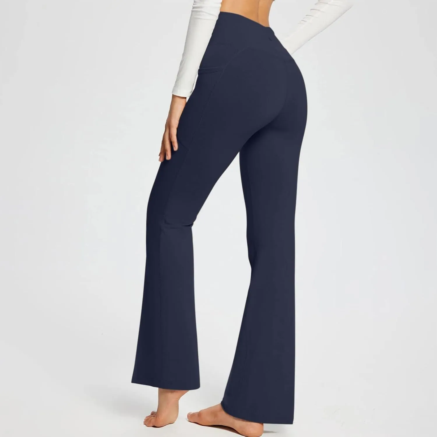 Cross Waist Yoga Pants with Pockets for Women V Crossover High Waisted Flare Leggings Bootcut Trousers Workout Pants