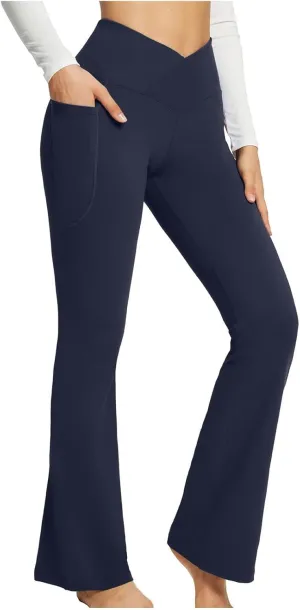 Cross Waist Yoga Pants with Pockets for Women V Crossover High Waisted Flare Leggings Bootcut Trousers Workout Pants