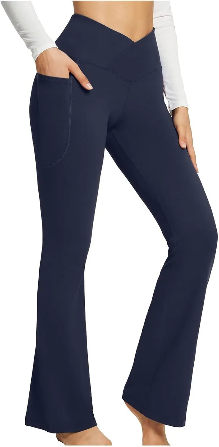 Cross Waist Yoga Pants with Pockets for Women V Crossover High Waisted Flare Leggings Bootcut Trousers Workout Pants