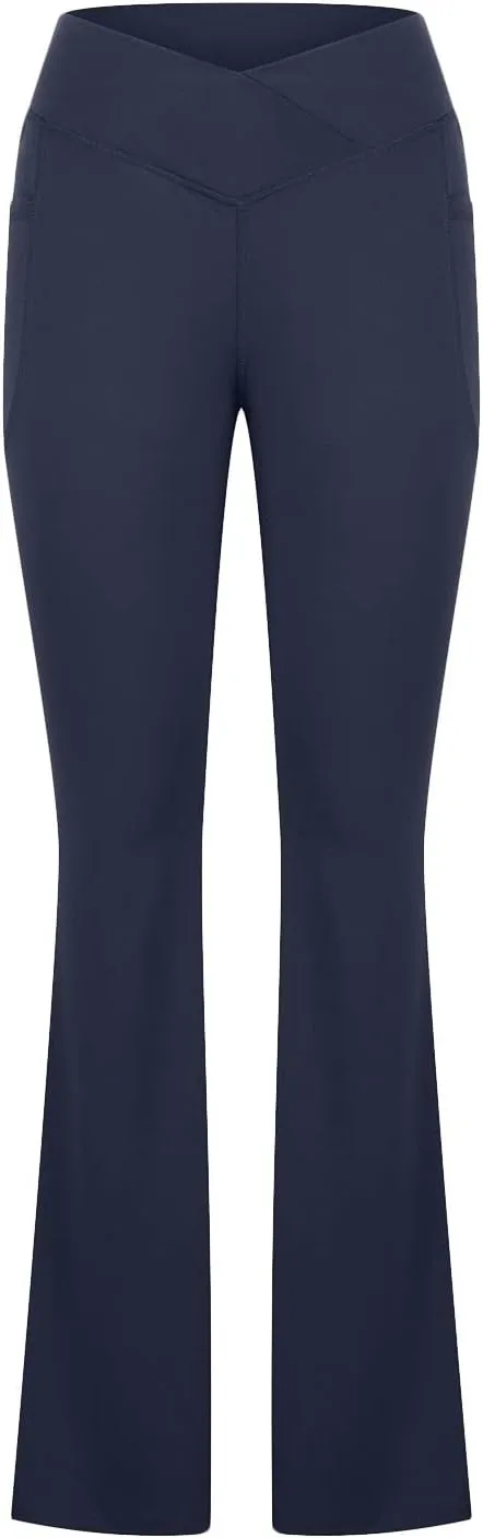 Cross Waist Yoga Pants with Pockets for Women V Crossover High Waisted Flare Leggings Bootcut Trousers Workout Pants