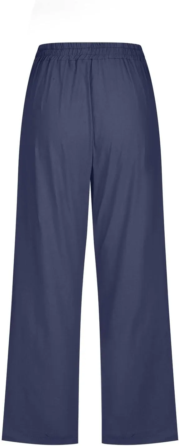 DDAPJ pyju Capri Pants for Women Plus Size Casual Drawstring High Waist Linen Pants Straight Leg Cropped Trouser with Pockets