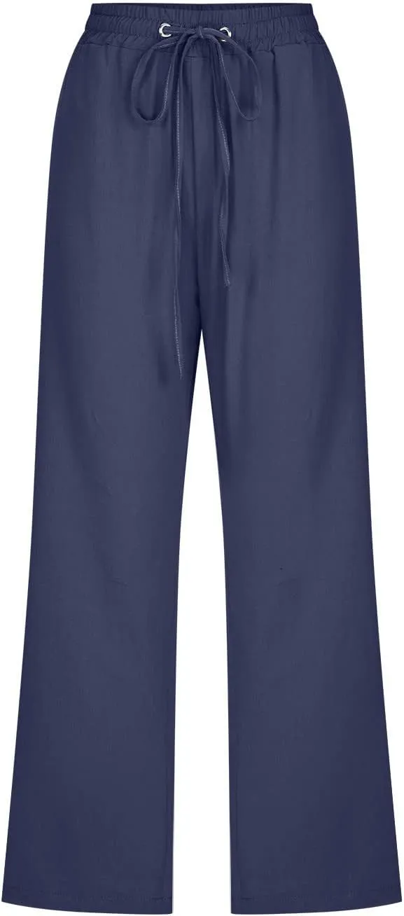 DDAPJ pyju Capri Pants for Women Plus Size Casual Drawstring High Waist Linen Pants Straight Leg Cropped Trouser with Pockets
