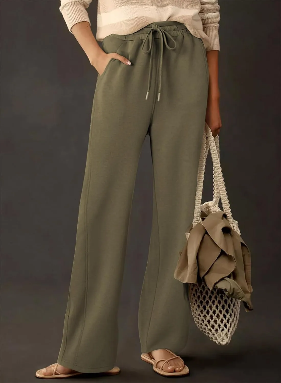 Dokotoo Women's Wide Leg Pants 2024 Flowy Casual Pants Straight Leg Elastic Waisted Stretch Palazzo Pants