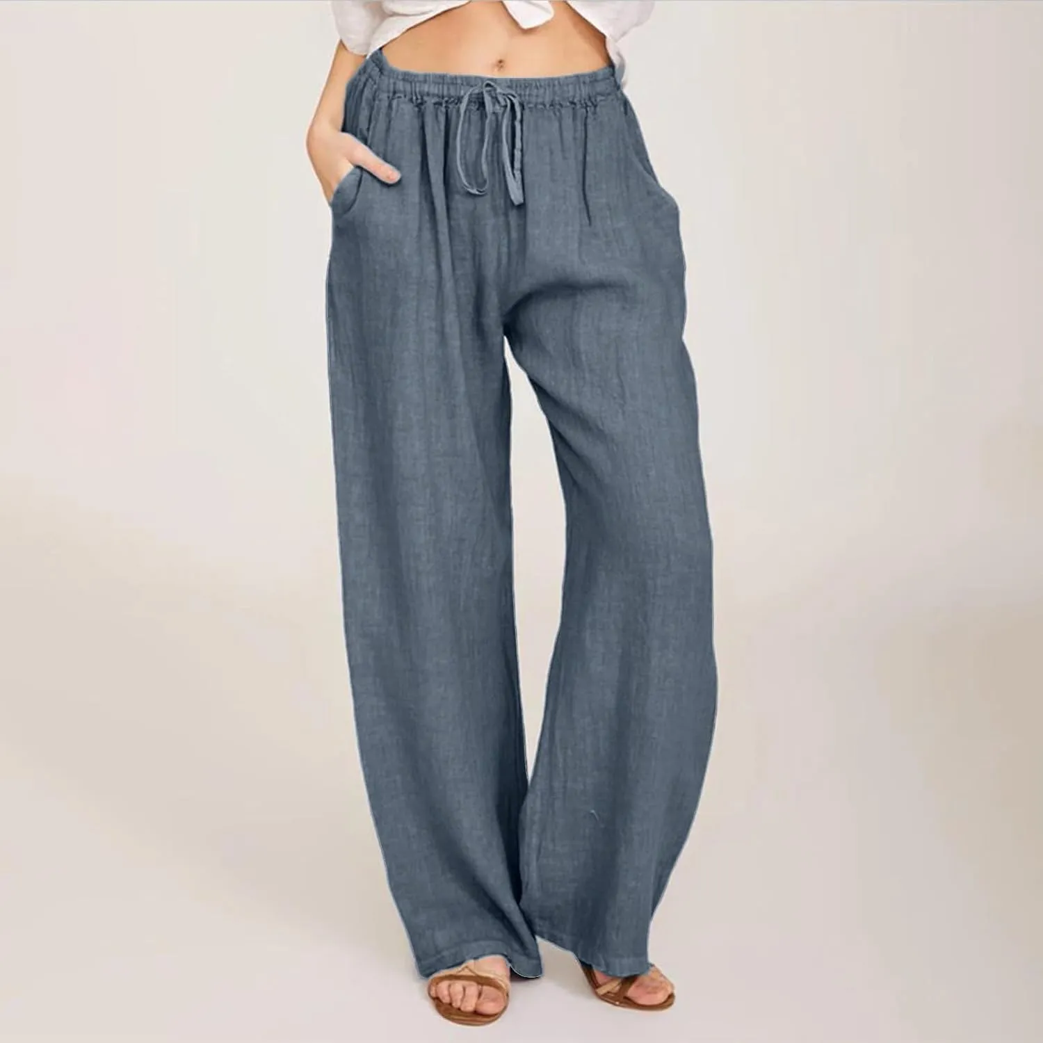 Dressy Capri Pants for Women Summer Linen Pants Wide Leg with Pockets Drawstring Casual Flowy Palazzo Cute Capris