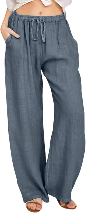Dressy Capri Pants for Women Summer Linen Pants Wide Leg with Pockets Drawstring Casual Flowy Palazzo Cute Capris