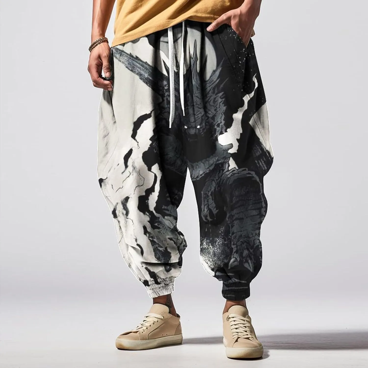 Elastic Waist Hippie Pant Cotton Casual Drawstring Men Elastic Waist with Elastic Waist Drawstring Yoga Jogger Pants