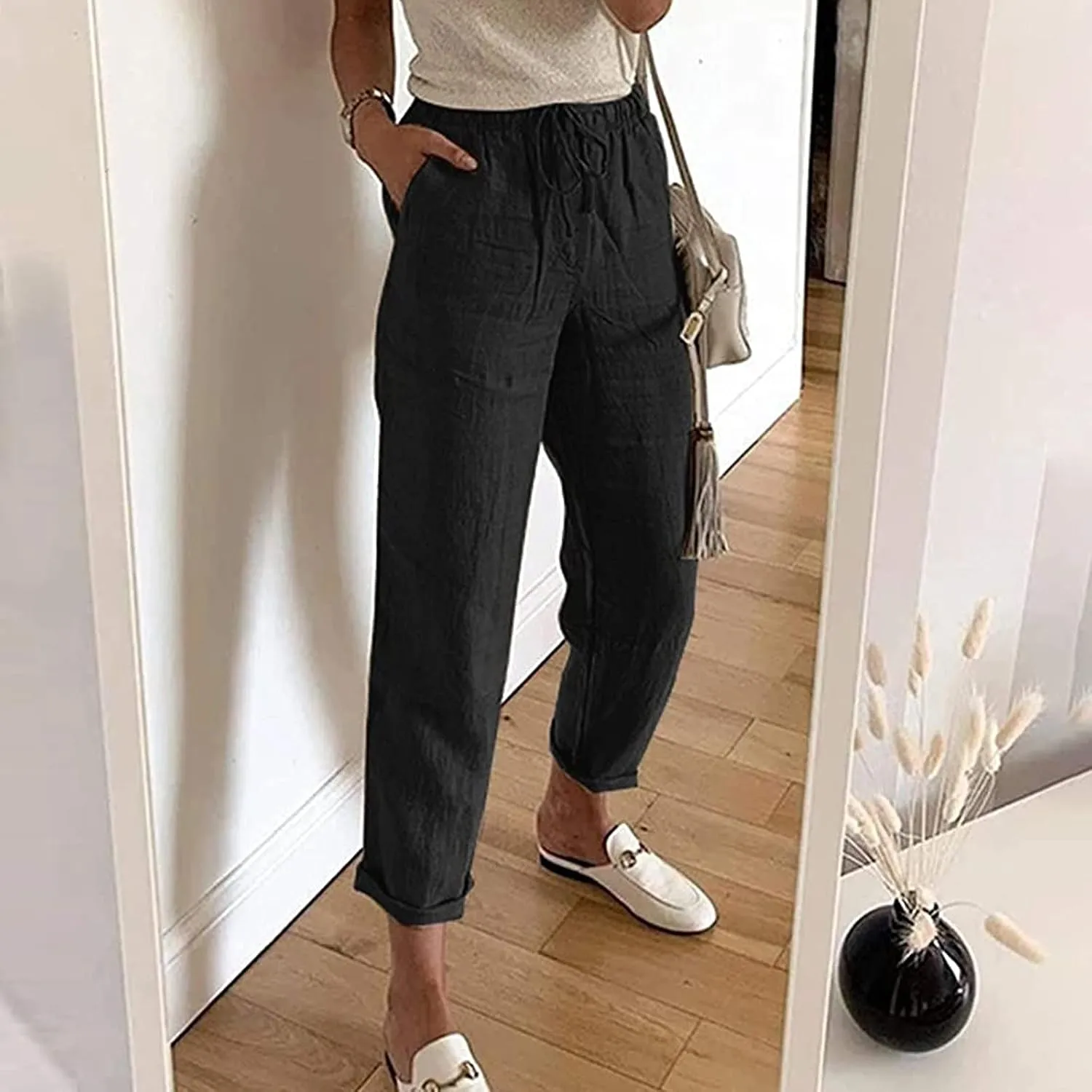 Elastic Waist Pants for Women 2024 Casual High Waist Pants Drawstring Comfort Slim Fit Pants with Side Pockets