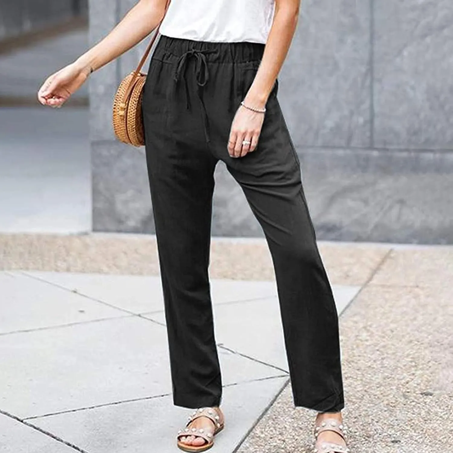 Elastic Waist Pants for Women 2024 Casual High Waist Pants Drawstring Comfort Slim Fit Pants with Side Pockets